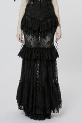 Black Multi-layer Print Ruffle Stitching Lace Sheer Women's Gothic Gorgeous Skirt